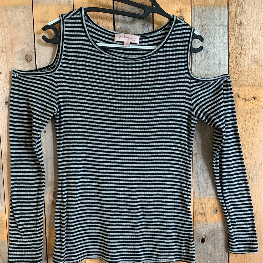 Philosophy black and grey stripe long sleeve shirt w peek hole shoulders. Sz M